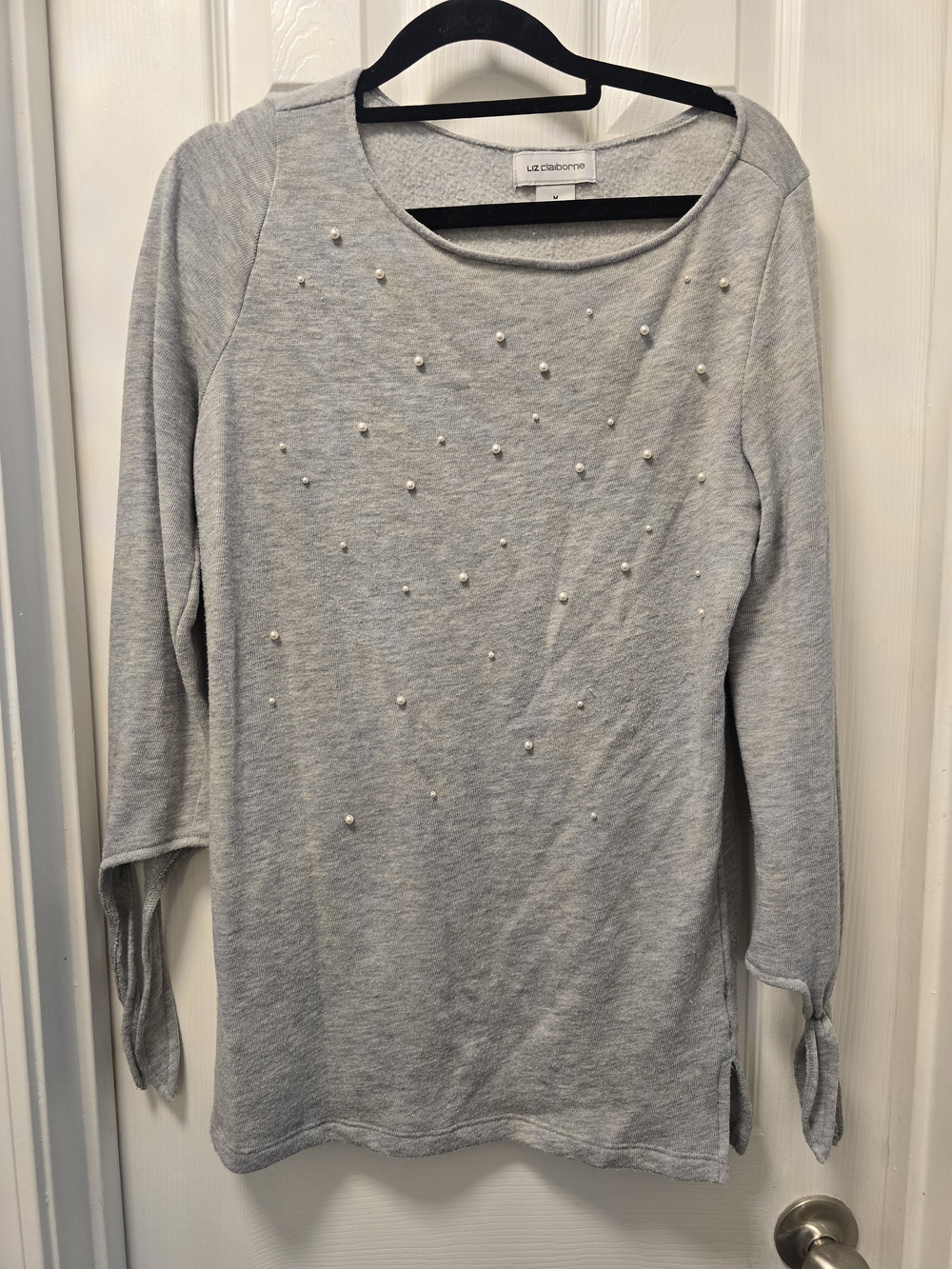 Liz Claiborne Gray Pearl-Embellished Women’s Top